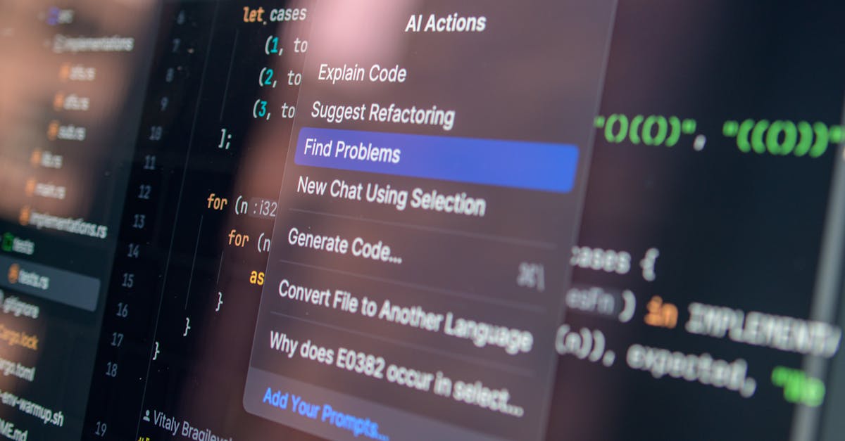 Close-up of AI-assisted coding with menu options for debugging and problem-solving.