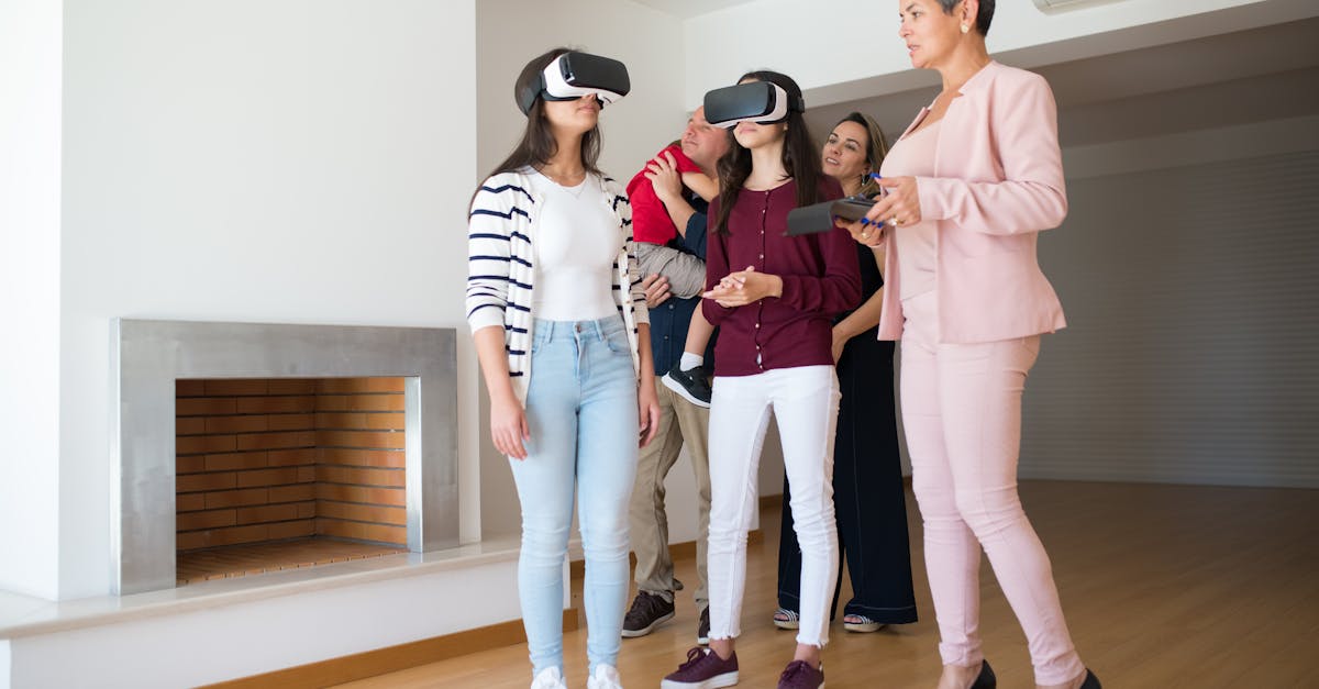Family experiencing virtual reality house tour guided by a realtor indoors.